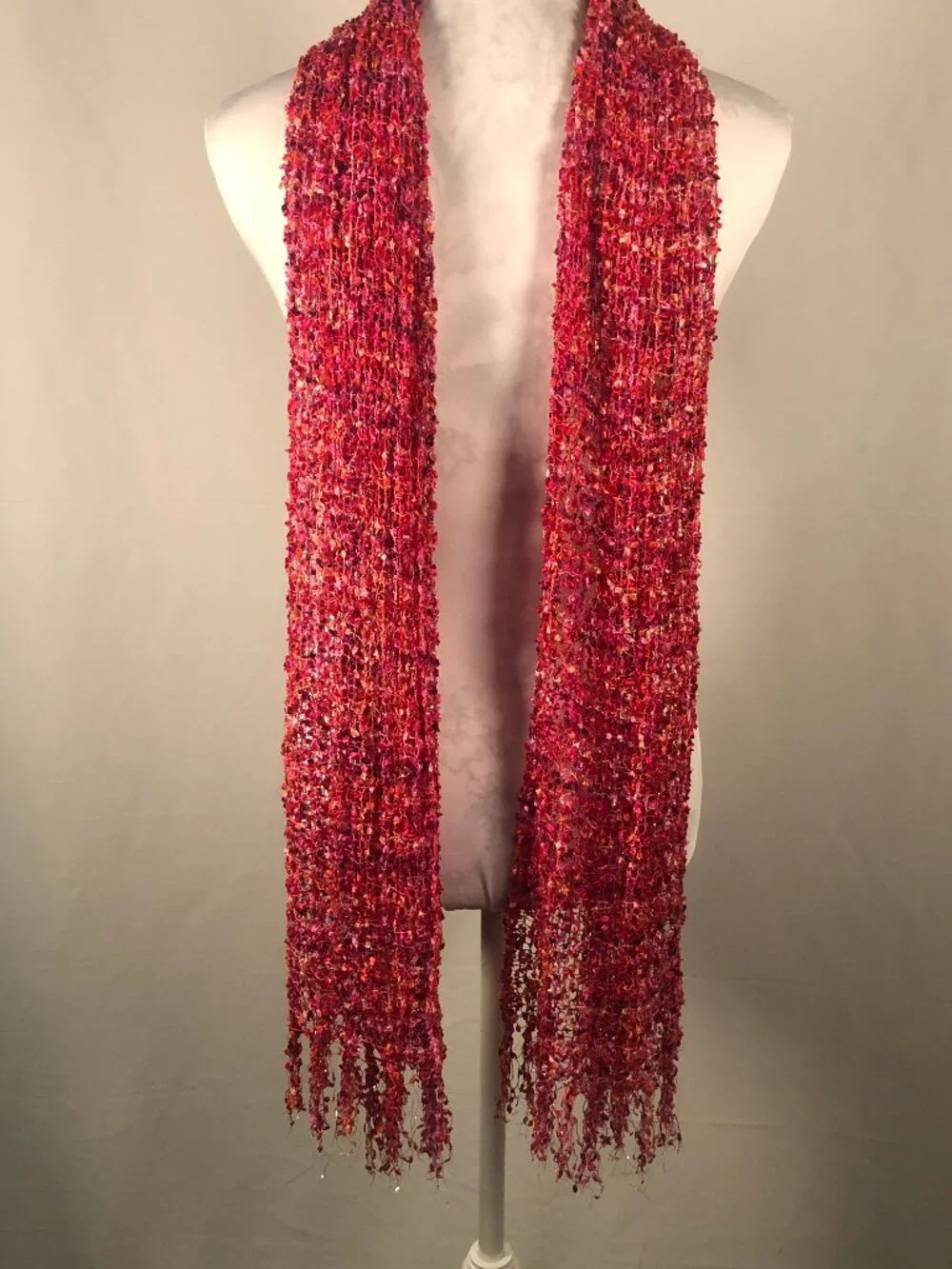 Vintage Textured Fringe Scarf – Red Pink Multi Knit | Soft Luxe Wrap